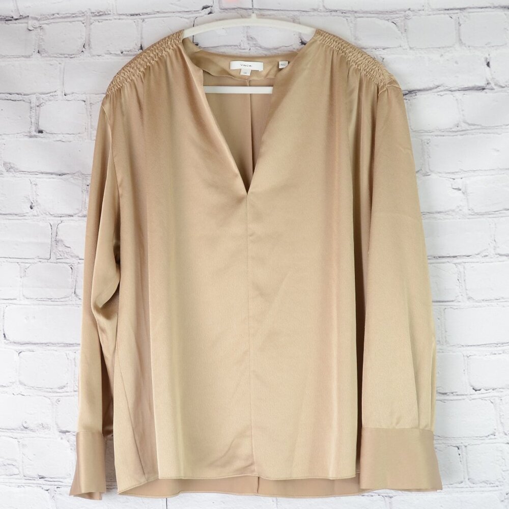 VINCE Neutrals Smocked Shoulder Split Neck Long Sleeve Blouse